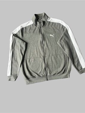 Puma Men's Gray Zip-Up Track Jacket with White Shoulder Stripes